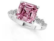 Fancy Pink Asscher Cut Diamond Solitaire Vine Band Ring Set in Platinum with Round Accents and Prong Setting