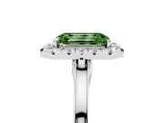 Fancy Green Emerald Cut Halo Round Diamond Solitaire Ring Set in White gold with Pavé Band and Prong Setting