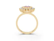 Fancy Pink Oval Cut Diamond Halo Ring Set in Yellow gold with Milgrain Edge and Round Prong Setting