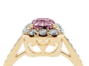 Fancy Pink Emerald Cut Diamond Floral Halo Ring Set in Yellow gold with Pavé Band and Prong Setting