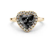 Fancy Black Heart Cut Halo Round Diamond Solitaire Ring Set in Yellow gold with Pavé Band and Prong Setting