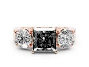 Princess Cut Three Stone Engagement Ring Setting for a Black Center | Round Side Stones | Rose Gold