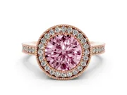 Fancy Pink Round Cut Diamond Halo Engagement Ring Set in Rose gold with Pavé Band and Round Halo Stones