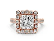 Princess Cut Diamond Halo Milgrain Pavé Ring Set in Rose gold with Prong Setting