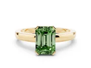 Fancy Green Emerald Cut Diamond Solitaire Ring Set in Yellow gold with Prong Head and Smooth Polished Band