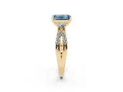 Fancy Blue Emerald Cut Diamond Three-Stone Ring Set in Yellow gold with Pavé Split Shank and Prong Setting