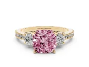 Fancy Pink Three-Stone Cushion Cut Diamond Pavé Band Ring Set in Yellow gold with Prong Setting