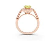 Fancy Yellow Oval Cut Diamond Milgrain Halo Solitaire Ring Set in Rose gold with Bezel Set Side Stones and Pavé Band
