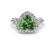 Fancy Green Heart Cut Diamond Halo Engagement Ring Set in White gold with Filigree Band and Prong-Set Center