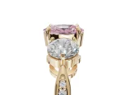 Cushion Cut Three Stone Engagement Ring Setting for a Fancy Pink Lab-Grown Diamond | Tapered Pave Band | Yellow Gold