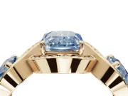 Radiant Cut Three Stone Halo Engagement Ring Setting for a Fancy Blue Lab-Grown Diamond | Pavé Wave Band | Yellow Gold