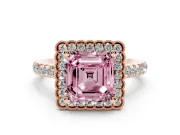 Fancy Pink Asscher Cut Diamond Milgrain Floral Halo Engagement Ring Set in Rose gold with Pavé Band