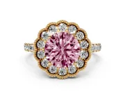 Round Vintage Milgrain Floral Halo Engagement Ring Setting for a Fancy Pink Lab-Grown Diamond | Pavé Band | Yellow Gold