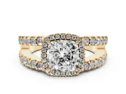 Cushion Cut Halo Split Shank Engagement Ring Setting | Pavé Strands | Yellow Gold