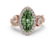 Fancy Green Marquise Cut Diamond Halo Ring Set in Rose gold with Milgrain Pavé Band and Prong Setting