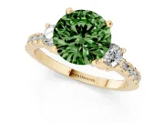 Fancy Green Three-Stone Round Cut Diamond Pavé Band Ring Set in Yellow gold with Prong Setting