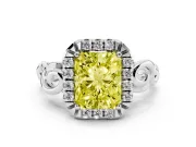 Fancy Yellow Radiant Cut Diamond Halo Ring Set in Platinum with Scrollwork Band and Prong Setting