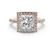 Princess Cut Diamond Pavé Band Halo Engagement Ring Set in Rose gold with Prong Setting