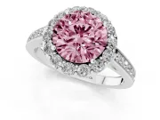Fancy Pink Round Cut Diamond Floral Halo Ring Set in Silver with Pavé Band and Prong Setting