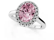 Fancy Pink Oval Cut Halo Round Diamond Solitaire Ring Set in Platinum with Pavé Band and Prong Setting