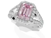 Emerald Cut Halo Pavé Engagement Ring Setting for a Fancy Pink Lab-Grown Diamond | Narrow Split Shank | Platinum
