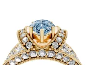 Fancy Blue Marquise Cut Diamond Milgrain Halo Pavé Engagement Ring Set in Yellow gold with Prong Setting