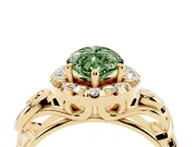 Fancy Green Marquise Cut Diamond Halo Ring Set in Yellow gold with Scrollwork Band and Prong Setting