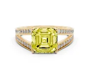Fancy Yellow Asscher Cut Diamond Split Shank Ring Set in Yellow gold with Pavé Band and Prong Setting