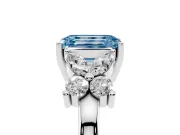 Fancy Blue Emerald Cut Diamond Floral Cluster Ring Set in White gold with Marquise Petals and Prong Setting
