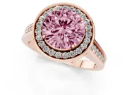 Fancy Pink Round Cut Diamond Halo Solitaire Ring Set in Rose gold with Pavé Band and Bezel Setting