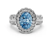 Fancy Blue Oval Cut Diamond Scalloped Halo Ring Set in Silver with Pavé Split Shank