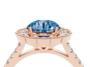 Fancy Blue Round Cut Diamond Milgrain Floral Halo Engagement Ring Set in Rose gold with Pavé Band