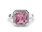 Fancy Pink Asscher Cut Diamond Halo Ring Set in Silver with Cathedral Band and Prong Setting