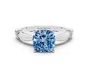 Fancy Blue Cushion Cut Diamond Solitaire Twisted Band Ring Set in White gold with Accent Stones and Prong Setting