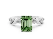 Fancy Green Emerald Cut Diamond Solitaire Ring Set in Silver with Ribbon Twist Band, Round Accents and Prong Setting