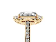 Emerald Cut Petal Tip Halo Engagement Ring Setting | Single Row Pavé Band | Yellow Gold