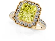 Fancy Yellow Radiant Cut Diamond Milgrain Floral Halo Engagement Ring Set in Yellow gold with Pavé Band