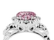 Fancy Pink Heart Cut Diamond Halo Ring Set in White gold with Scrollwork Band and Prong Setting