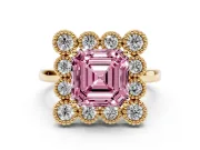 Asscher Cut Milgrain Cluster Halo Engagement Ring Setting for a Fancy Pink Lab-Grown Diamond | Plain Band | Yellow Gold