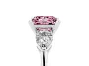 Fancy Pink Three-Stone Princess Cut Diamond Ring Set in Silver with Pear Side Stones and Prong Setting