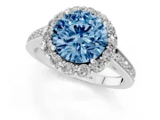 Fancy Blue Round Cut Diamond Floral Halo Ring Set in Platinum with Pavé Band and Prong Setting