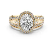 Oval Cut Diamond Halo Ring Set in Yellow gold with Double Pavé Split Shank