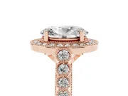 Oval Cut Diamond Milgrain Halo Solitaire Ring Set in Rose gold with Bezel Set Side Stones and Pavé Band