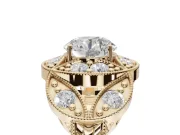 Round Vintage Floral Halo Engagement Ring Setting | Engraved Milgrain Band | Yellow Gold