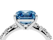 Fancy Blue Asscher Cut Diamond Solitaire Vine Band Ring Set in Platinum with Round Accents and Prong Setting