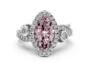 Fancy Pink Marquise Cut Diamond Halo Ring Set in White gold with Milgrain Pavé Band and Prong Setting