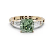Cushion Cut Tapered Baguette Engagement Ring Setting for a Fancy Green Lab-Grown Diamond | Bar Set Sides | Yellow Gold