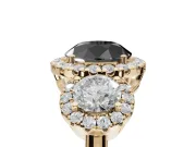 Round Three Stone Halo Engagement Ring Setting for a Black Center | Haloed Side Stones | Yellow Gold