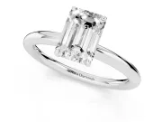 Emerald Cut Diamond Solitaire Ring Set in Silver with Prong Setting on a Polished Plain Band