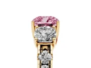 Fancy Pink Cushion Cut Diamond Three-Stone Ring Set in Yellow gold with Pavé Band